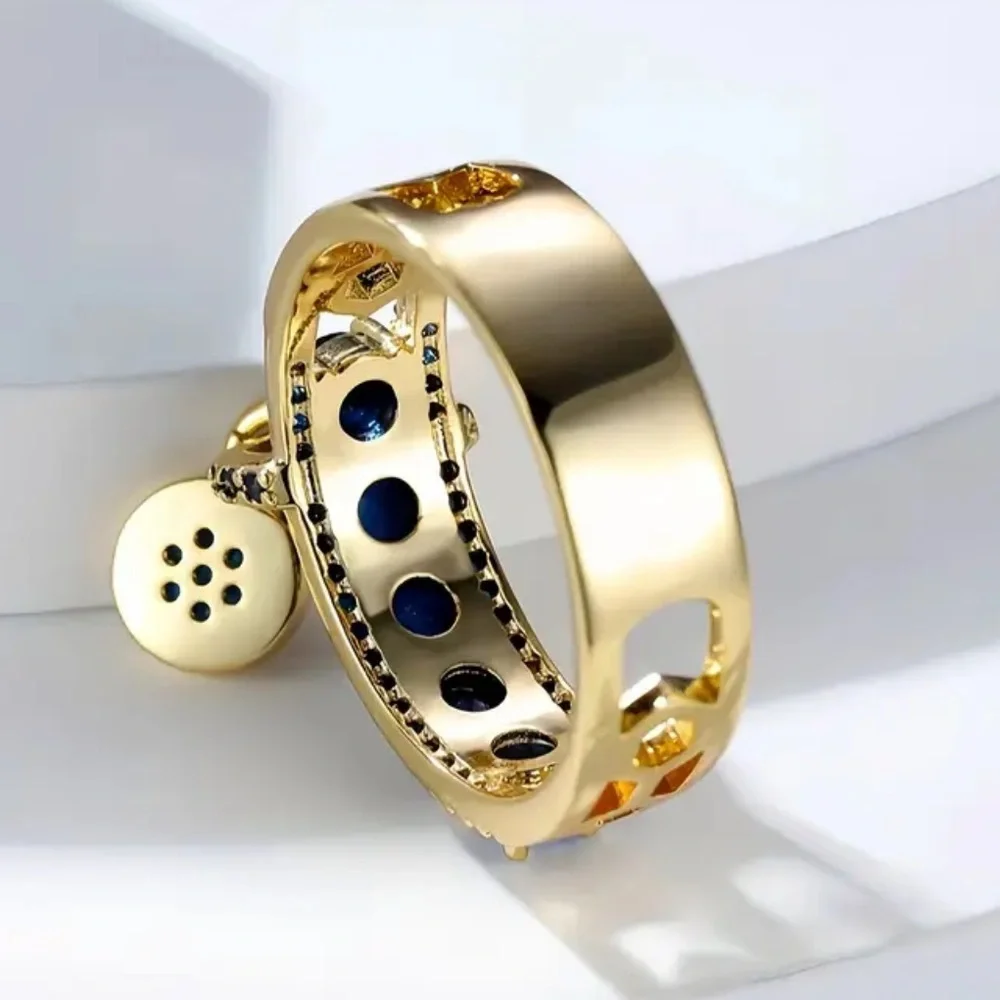 Trendy 18K Gold Plated Blue Sapphire Charm Ring Elegant Statement Band